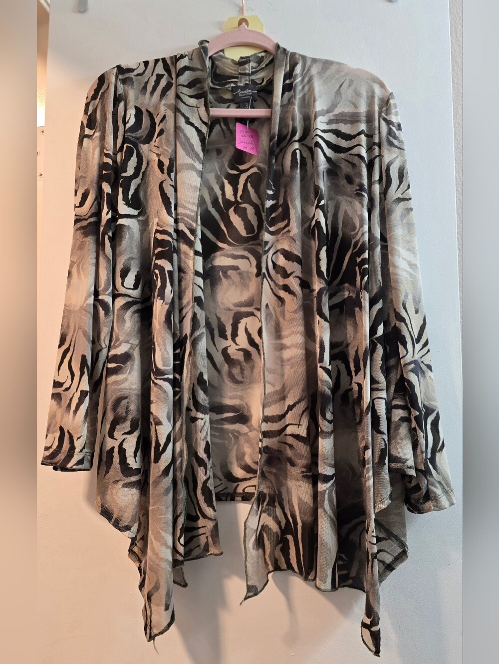 84 Chicos Travelers Open-Front Animal Print Waterfall Cardigan - Black & Cream